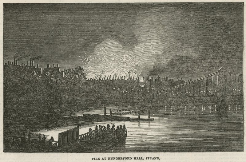 La destrucción por fuego de Hungerford Hall, Strand, Londres de English School