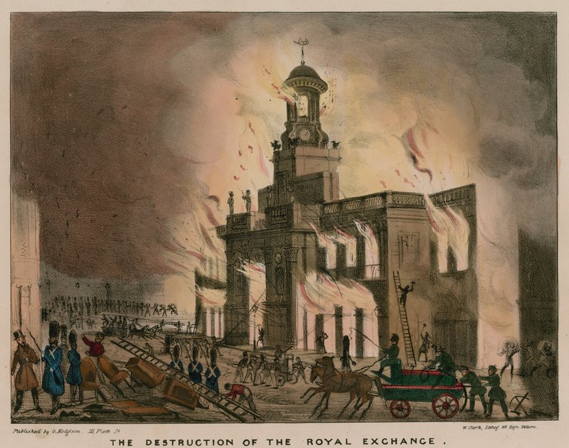 La destrucción del Royal Exchange, Londres, por fuego la noche del 10 de enero de 1838 de English School