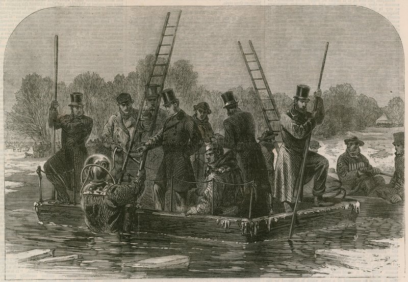 El desastre en el hielo en Regents Park; Buzos buscando a los muertos de English School