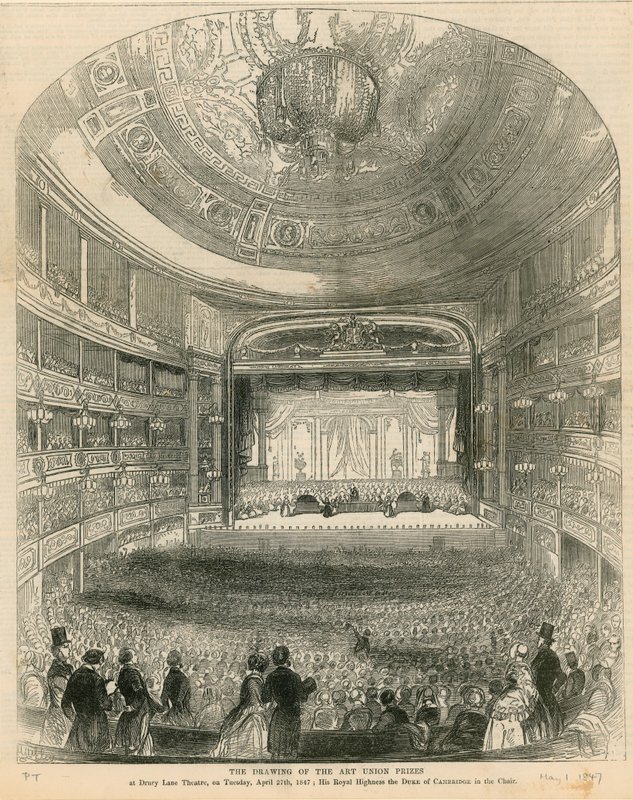 El sorteo de los premios de la Unión de Arte en el Teatro Drury Lane el 27 de abril de 1847 de English School