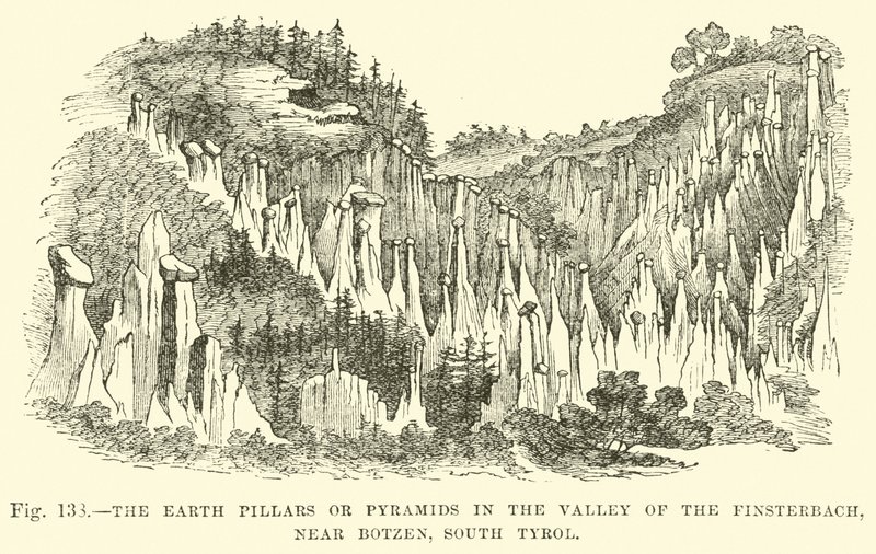 Las columnas o pirámides de tierra en el Valle del Finsterbach, cerca de Botzen, Tirol del Sur de English School