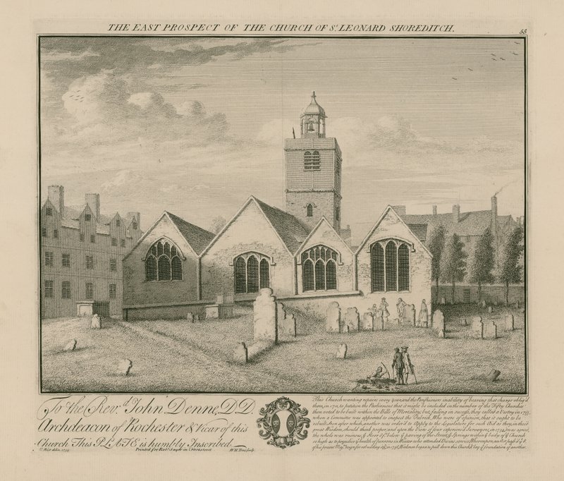 Vista del este de la Iglesia de St Leonard Shoreditch de English School