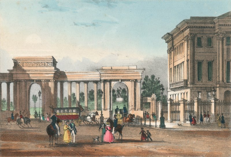 La entrada a Hyde Park desde Piccadilly con el ala oeste de Apsley House de English School
