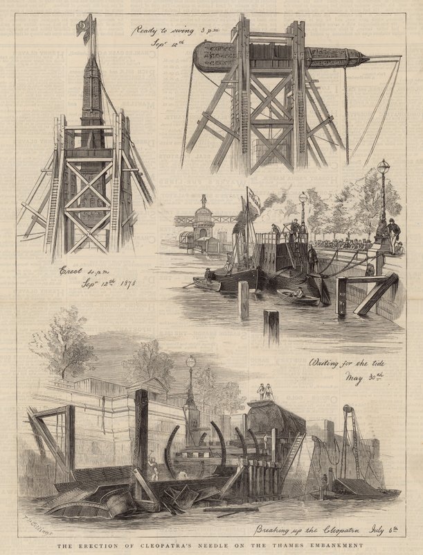 La erección de la Aguja de Cleopatra en el Thames Embankment de English School