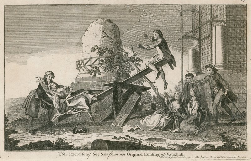 El ejercicio del sube y baja de una pintura original en los Jardines de Vauxhall, Londres de English School