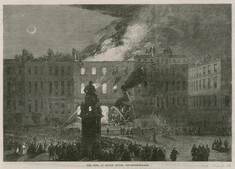 El incendio en Savile House, Leicester Square, Londres de English School