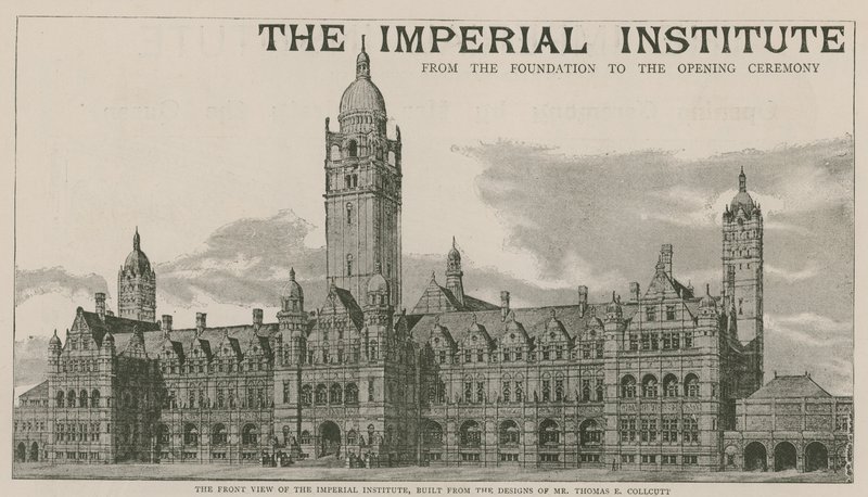 La vista frontal del Instituto Imperial, construido según los diseños de Mr Thomas E Collcutt de English School