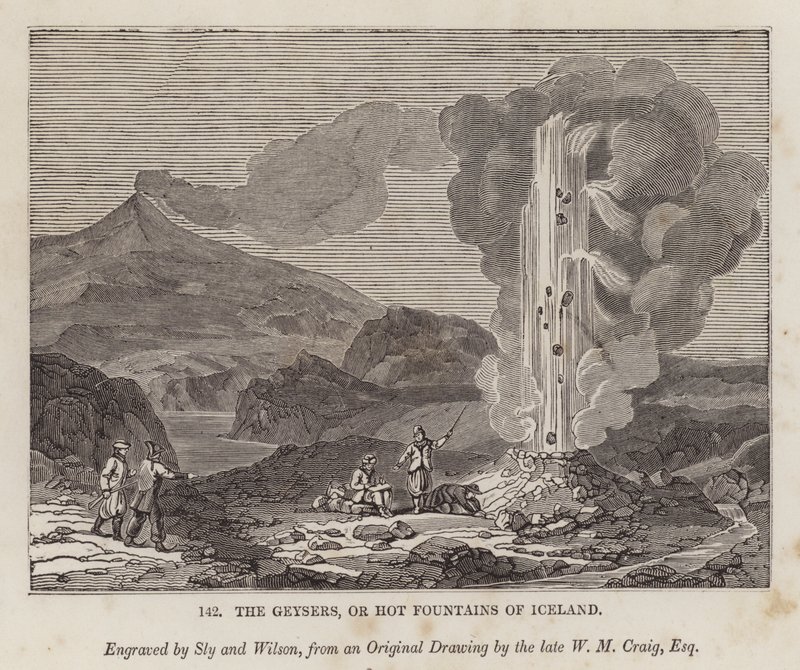 Los géiseres o fuentes calientes de Islandia (grabado) de English School