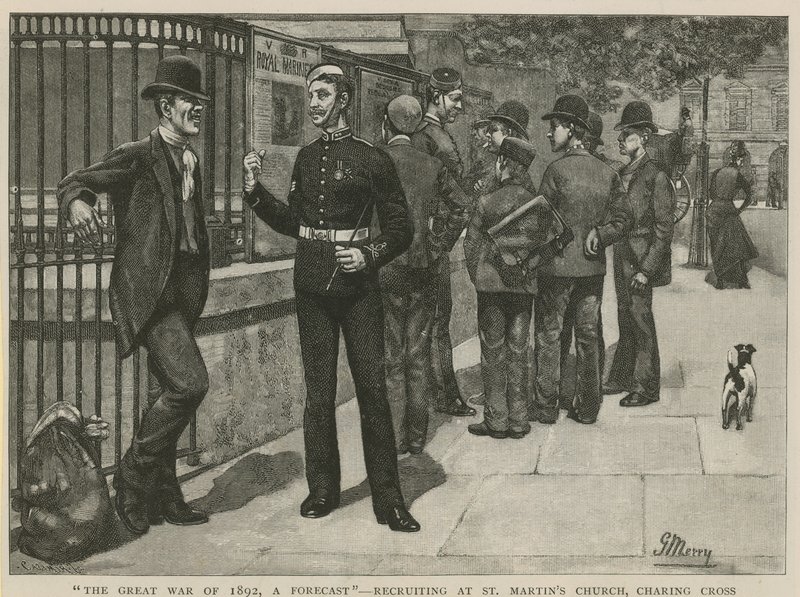 La gran guerra de 1892, una previsión; Reclutamiento en la iglesia de St. Martin de English School