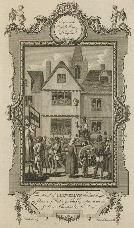 La cabeza de Llewellyn, el último Príncipe de Gales reinante, expuesta públicamente en un poste en Cheapside, Londres de English School