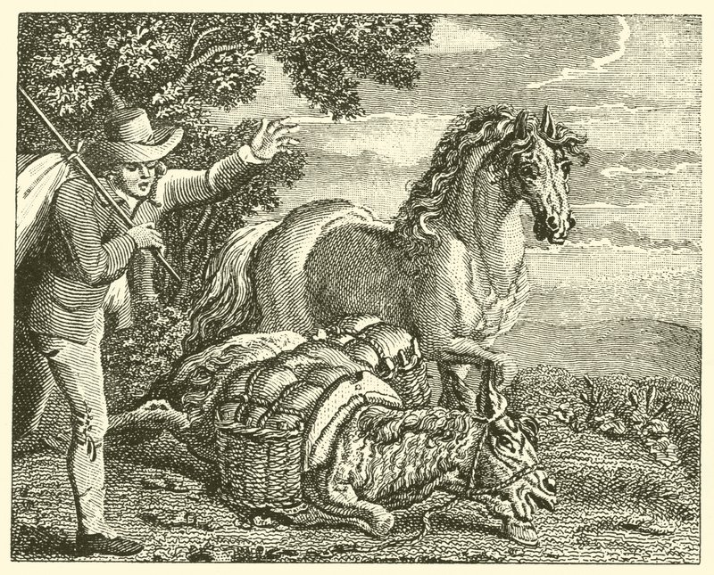 El caballo y el asno cargado (grabado) de English School