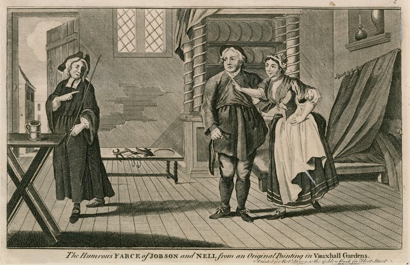 La farsa humorística de Jobson y Nell de una pintura original en los Jardines de Vauxhall, Londres de English School