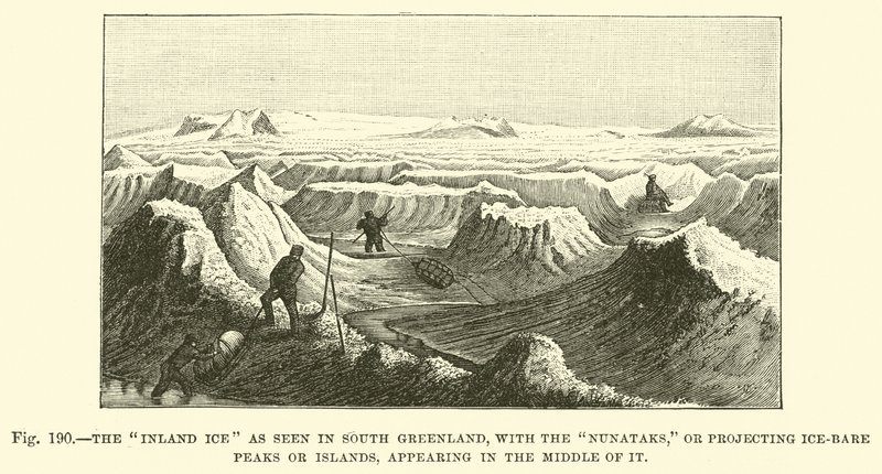 El hielo interior visto en el sur de Groenlandia, con los Nunataks, o picos o islas sin hielo que sobresalen en medio de él de English School