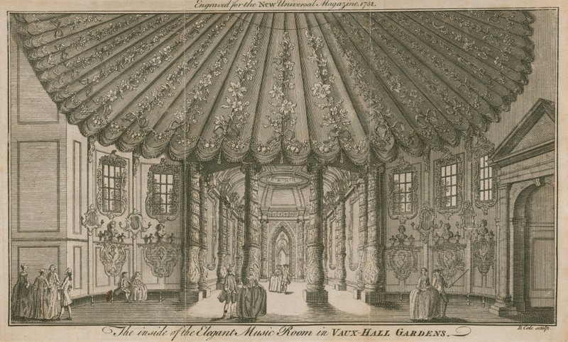 El interior de la elegante sala de música (Rotonda) en los Jardines de Vauxhall, Londres de English School