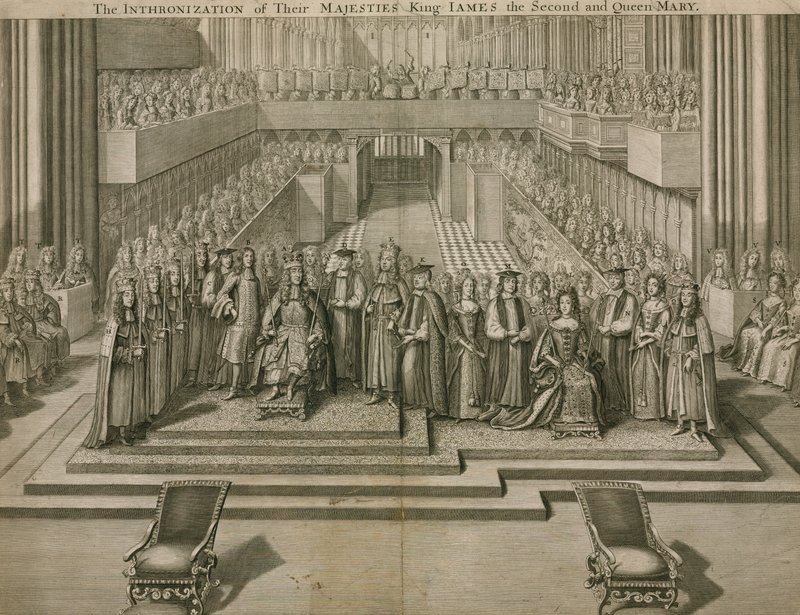 La entronización de sus Majestades el Rey Jacobo II y la Reina María en la Abadía de Westminster de English School