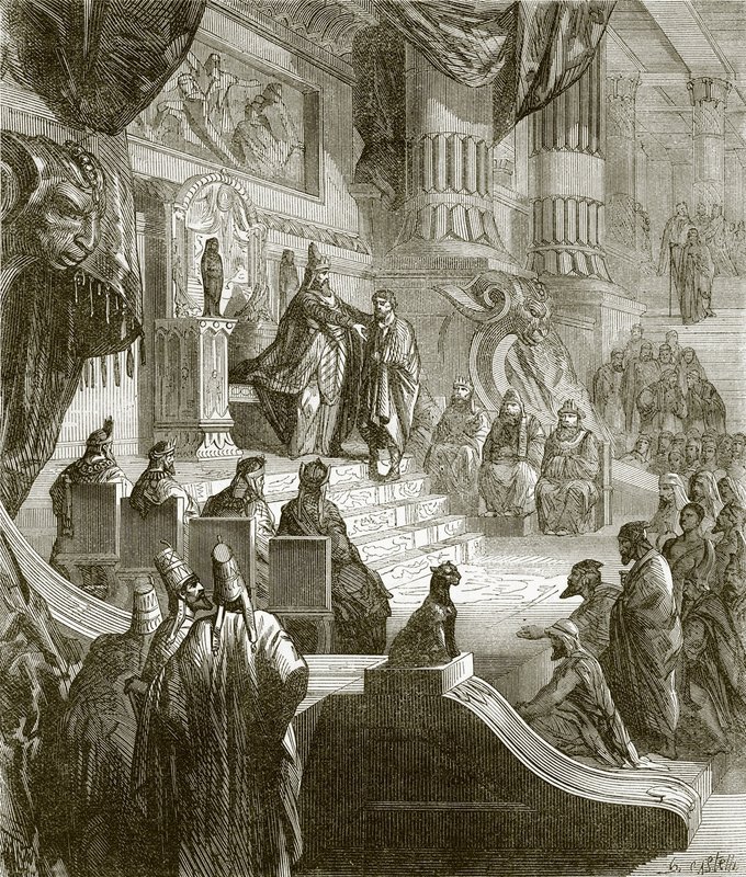 El rey de Babilonia recibiendo a Jeconías después de su liberación de la prisión de English School
