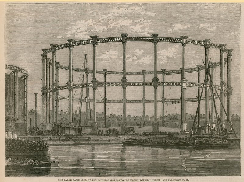 El gran gasómetro en las obras de la Imperial Gas Company, Bethnal Green, Londres de English School