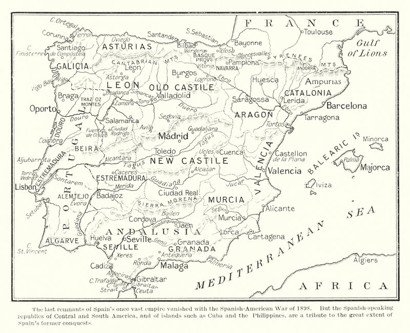 Los últimos vestigios del otrora vasto imperio español desaparecieron con la guerra hispano-estadounidense de 1898 (lito) de English School