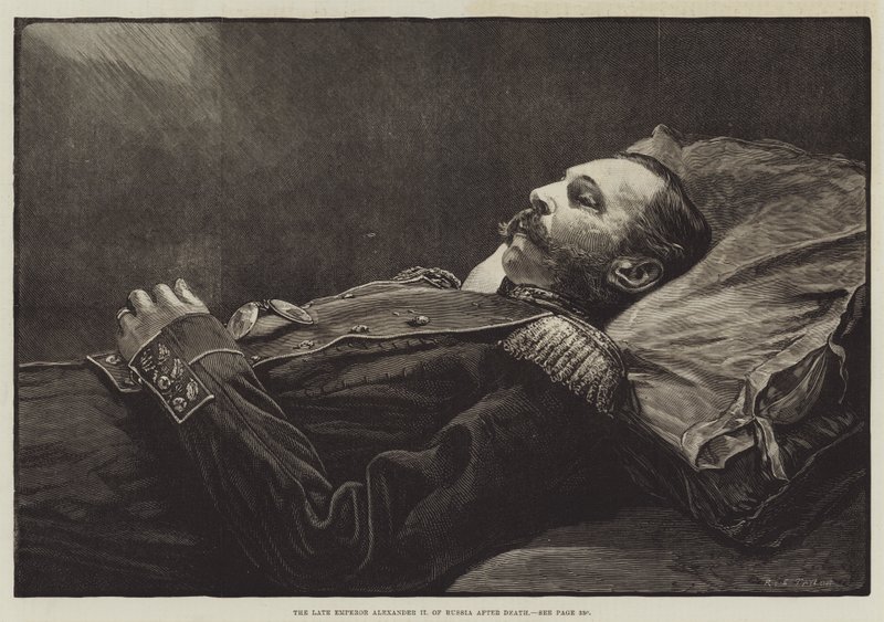 El difunto emperador Alejandro II de Rusia después de su muerte (grabado) de English School