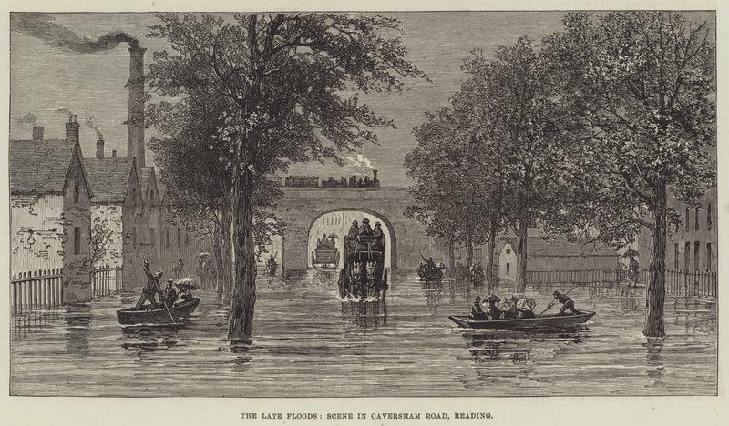 Las recientes inundaciones, escena en Caversham Road, Reading de English School