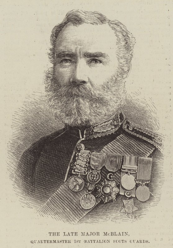 El difunto Mayor McBlain, Cuartelmaestre del 1er Batallón de la Guardia Escocesa (grabado) de English School