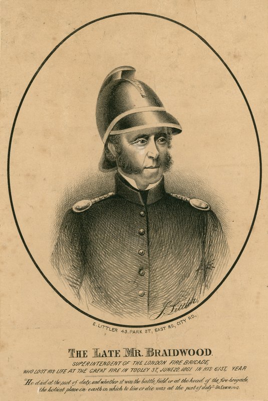 El difunto Sr. Braidwood, Superintendente del Cuerpo de Bomberos de Londres de English School