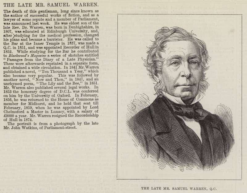 El difunto Sr. Samuel Warren, QC (grabado) de English School