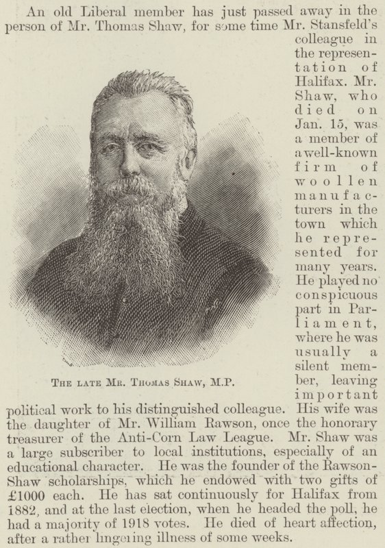 El difunto Sr. Thomas Shaw, MP de English School