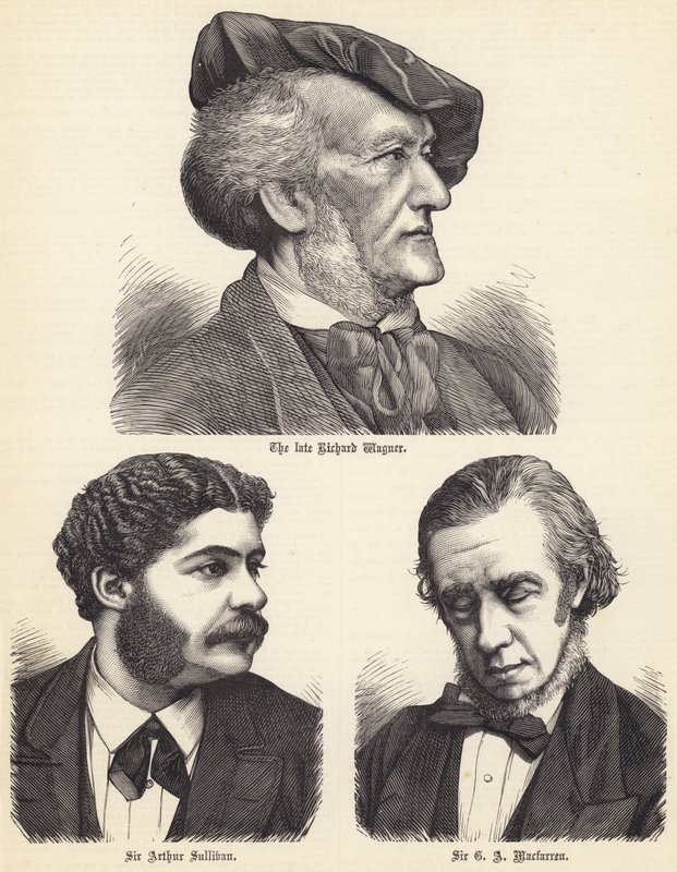 El difunto Richard Wagner, Sir Arthur Sullivan, Sir G A Macfarren (grabado) de English School