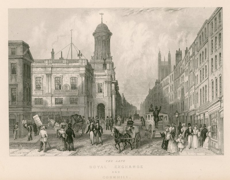 La antigua Bolsa Real y Cornhill, Londres de English School