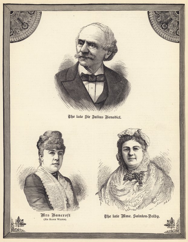 El difunto Sir Julius Benedict, Sra. Bancroft (de soltera Marie Wilton), la difunta Madame Sainton Dolby (grabado) de English School