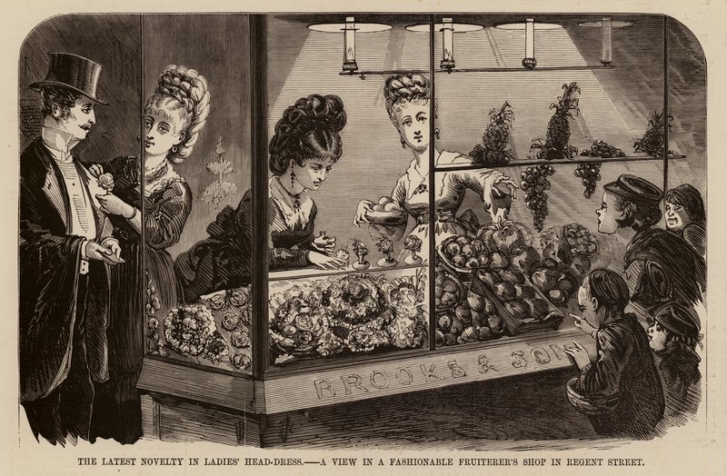 La última novedad en tocados femeninos, vista de una frutería de moda en regent street (grabado) de English School