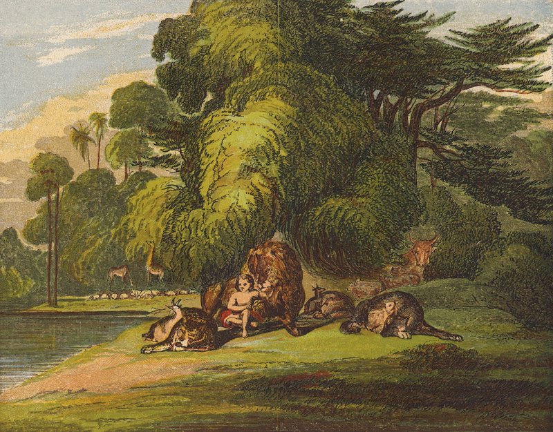 El leopardo se acostará con el cabrito, y un niño pequeño los guiará (litografía en color) de English School
