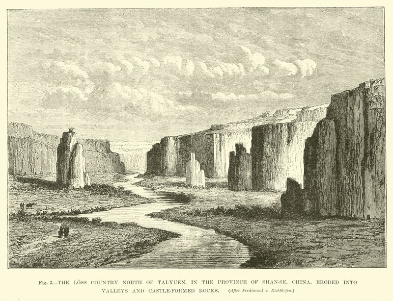 El país perdido al norte de Tai-Yuen, en la provincia de Shan-se, China, erosionado en valles y rocas en forma de castillo de English School