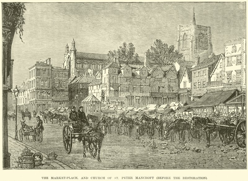 La plaza del mercado y la Iglesia de San Pedro Mancroft, antes de la restauración de English School