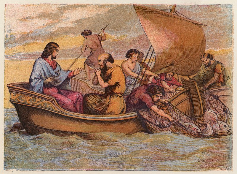 El milagroso calado de los peces (litografía en color) de English School