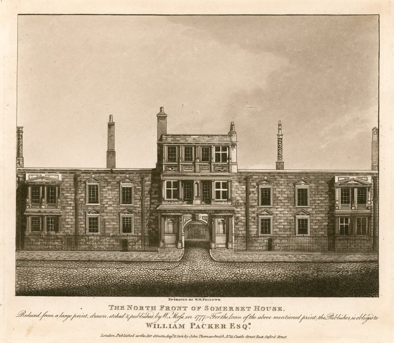 La fachada norte de Somerset House, The Strand, Londres, basada en una impresión dibujada por W. Moss en 1777 de English School