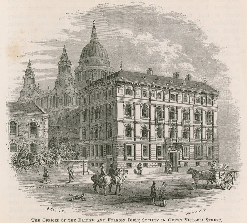 Las oficinas de la Sociedad Bíblica Británica y Extranjera en Queen Victoria Street, Londres de English School