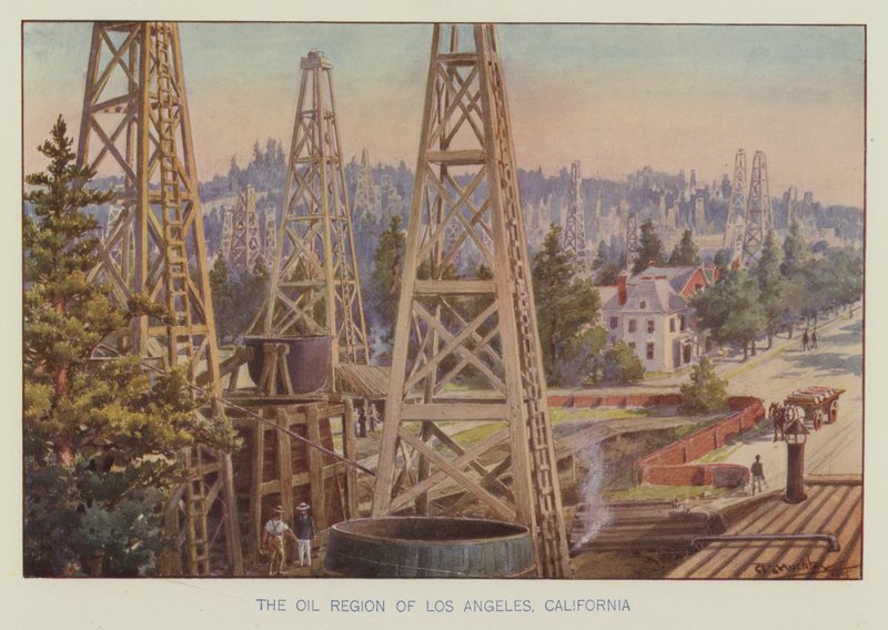 La región petrolera de Los Ángeles, California (litografía en color) de English School