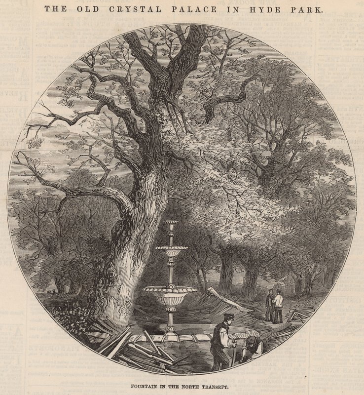 El antiguo Crystal Palace en Hyde Park: fuente en el transepto norte de English School