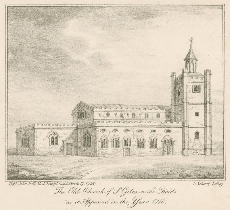 La antigua iglesia de St Giles en el Campo, Londres, como apareció en el año 1718 de English School