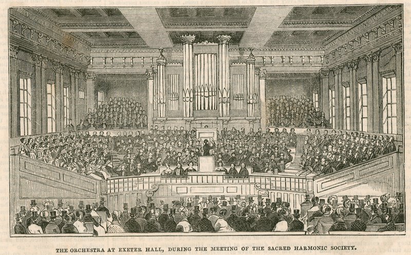 La orquesta en Exeter Hall, Londres, durante la reunión de la Sociedad Armónica Sagrada de English School