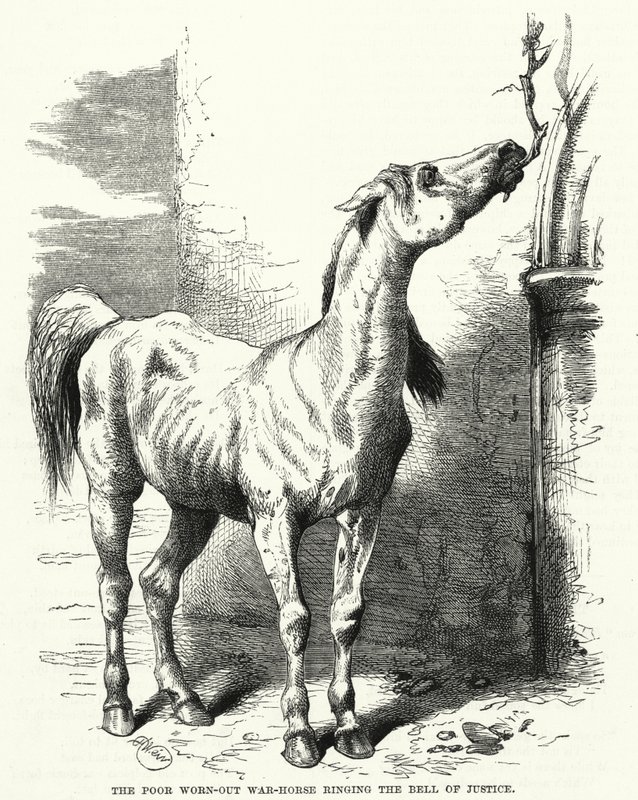 El pobre caballo de guerra agotado tocando la campana de la justicia de English School
