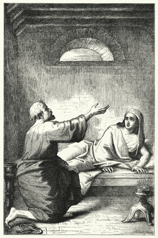 La resurrección de Dorcas (grabado) de English School