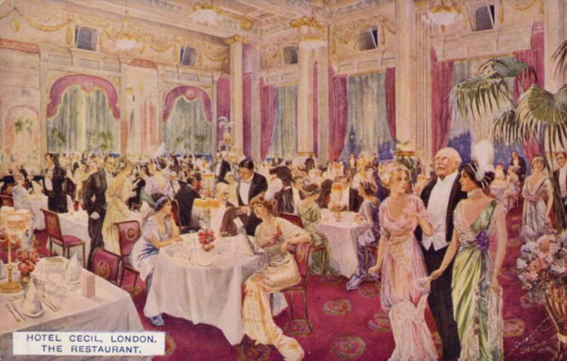 El restaurante, Hotel Cecil, Londres (litografía en color) de English School