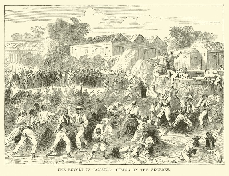 La revuelta de Jamaica, disparando contra los negros (grabado) de English School