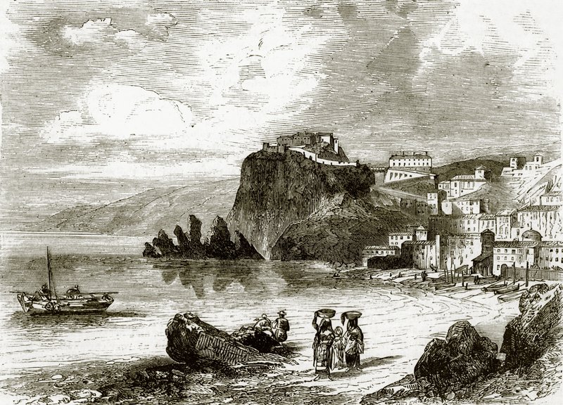 La roca y la ciudad de Scylla, costa de Sicilia de English School