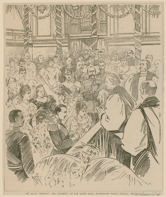 La boda real, la ceremonia en los barandales del altar, Capilla del Palacio de Buckingham, 23 de julio de 1896 de English School