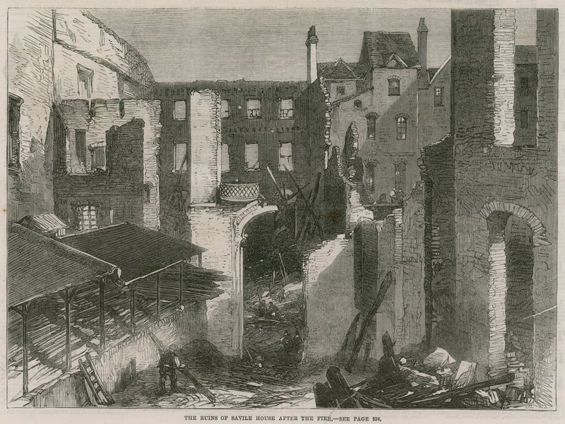 Las ruinas de Savile House, Leicester Square, Londres, después del incendio de English School