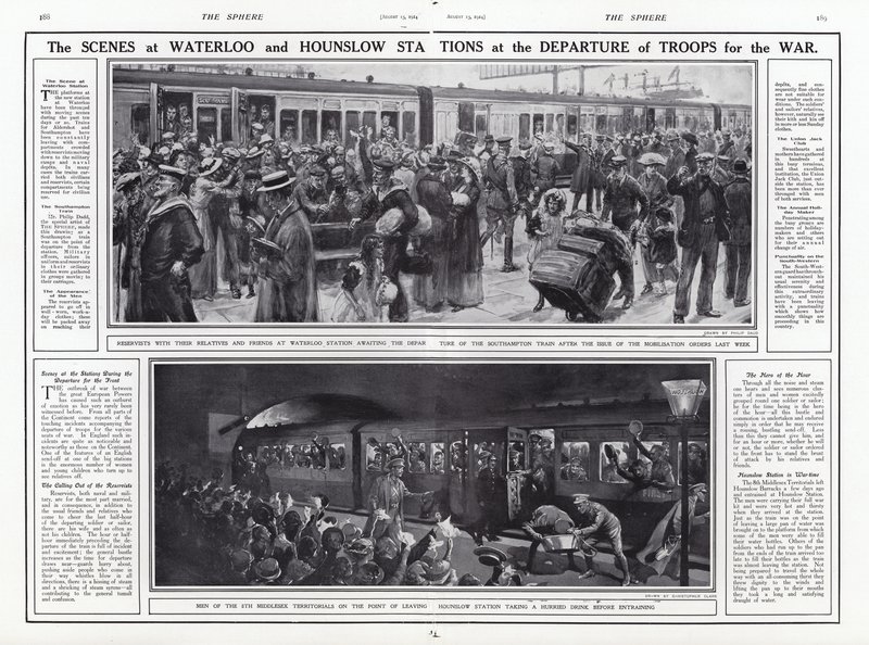 Las escenas en las estaciones de Waterloo y Hounslow en la partida de tropas para la guerra, Primera Guerra Mundial, agosto de 1914 de English School